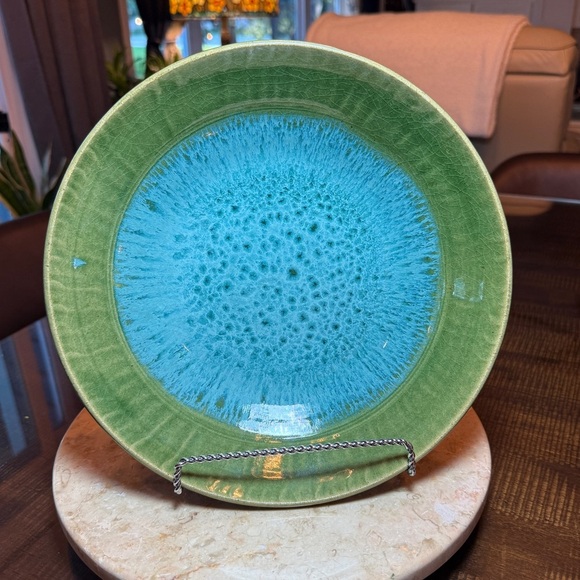 Hand Made Art Pottery Clay Bowl Artist Signed Turquoise & Green 11” Diameter - Picture 1 of 6